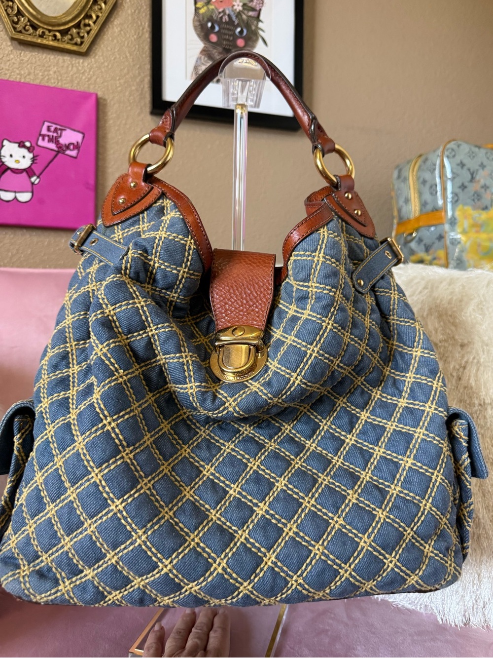 MARC JACOBS Large Quilted Denim ANNA Hobo Bag w Brown Leather & Gold Hardware